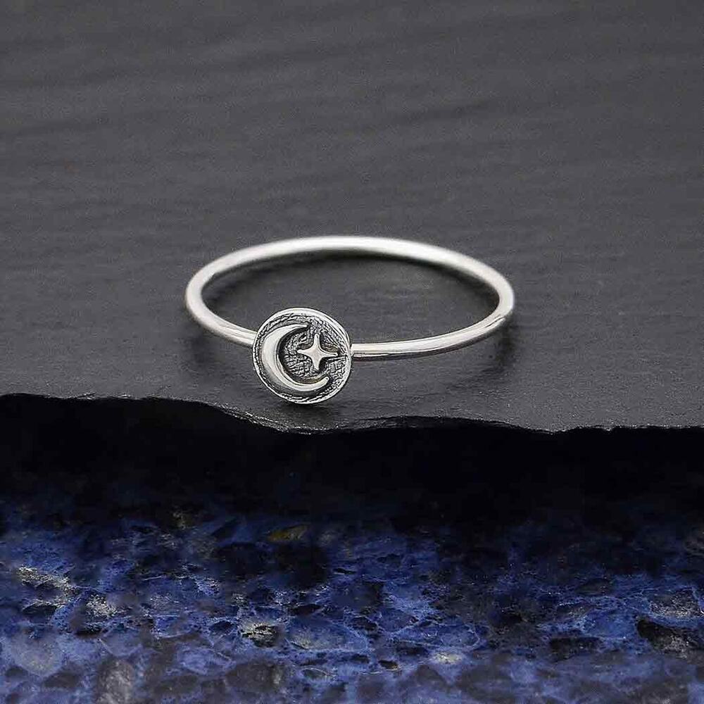 Sterling Silver Moon & Star Stacking Ring | Raised Design | Celestial
